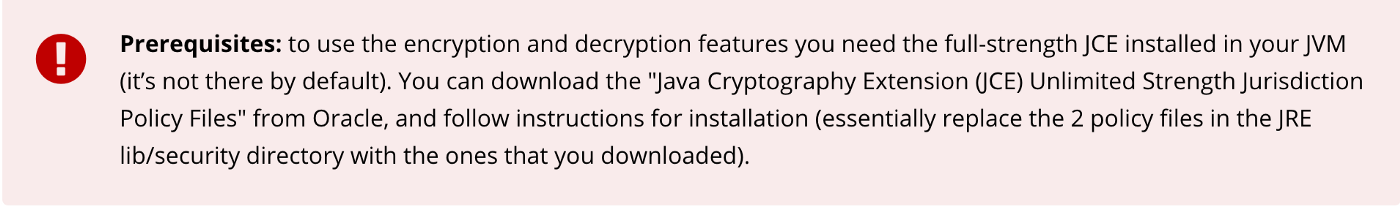 Encryption and decryption features require JCE